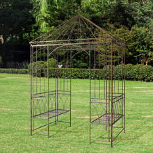 Rustic Brown Garden Gazebo with Built-In Benches
